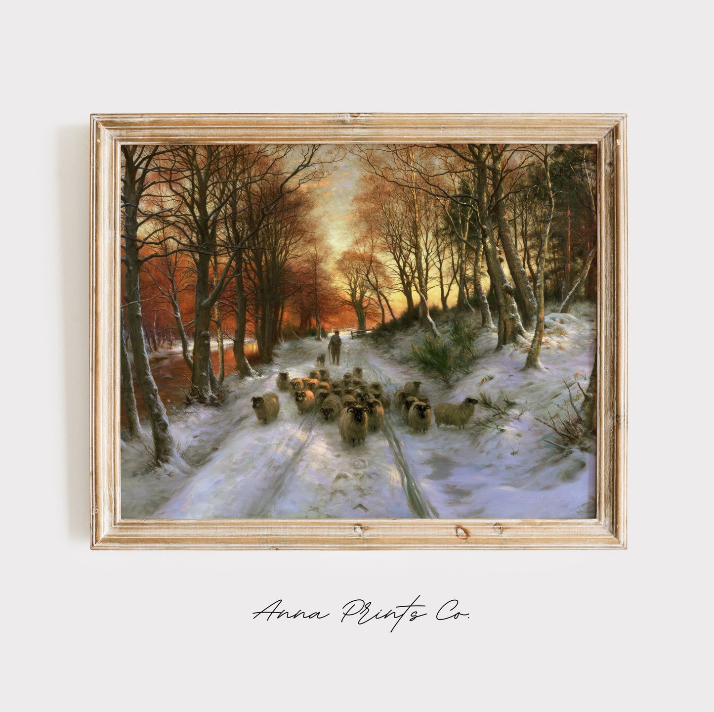 Vintage art print of Sheep in Snowy Winter Painting displayed in wooden frame