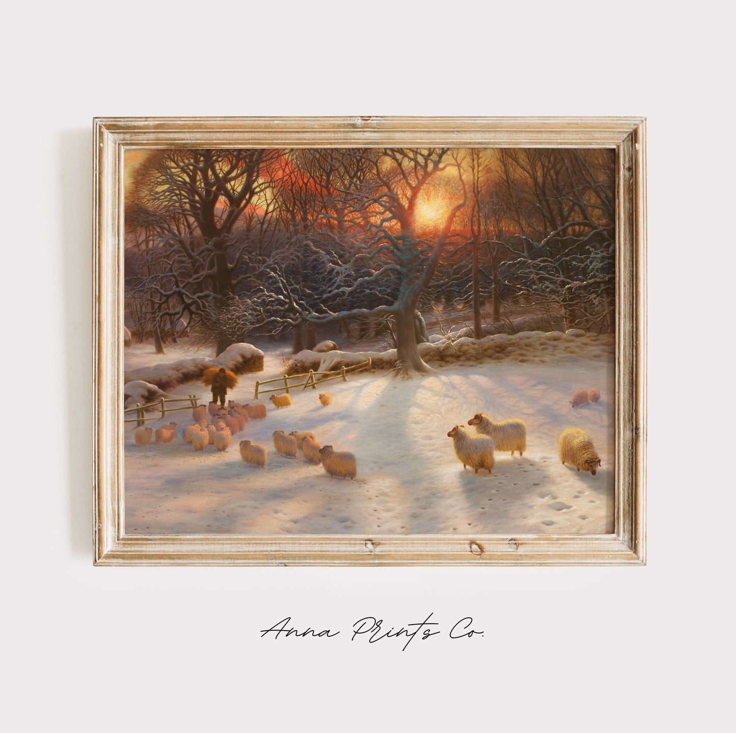 Vintage art print of Winter Landscape with Sheep displayed in wooden frame