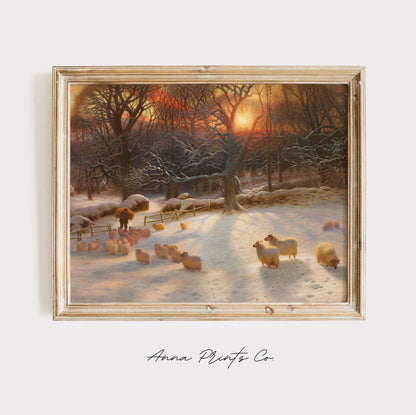 Vintage art print of Winter Landscape with Sheep displayed in wooden frame