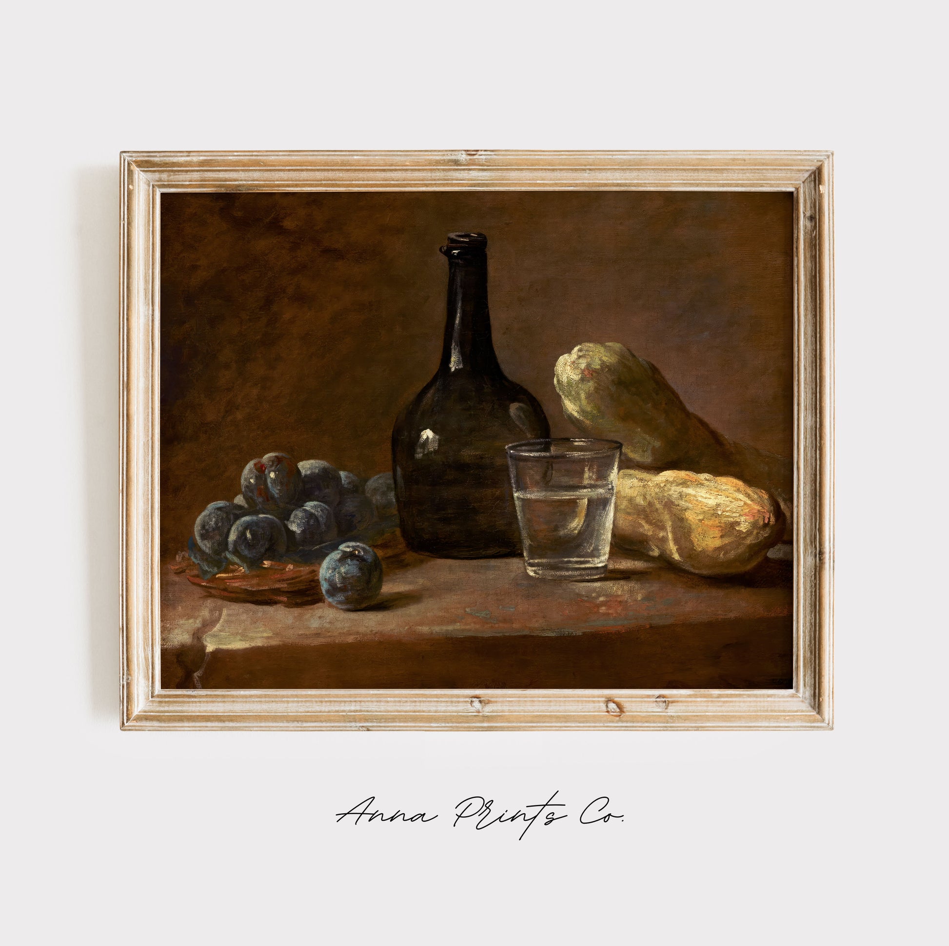 Vintage art print of Still Life with Plums Moody Painting displayed in wooden frame