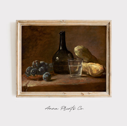 Vintage art print of Still Life with Plums Moody Painting displayed in wooden frame