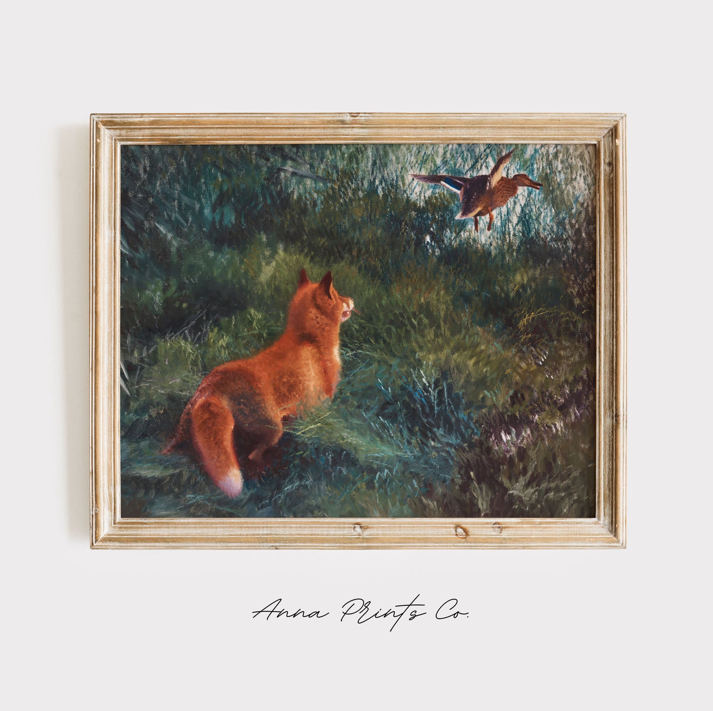 Vintage art print of Fox and Mallard in Landscape displayed in wooden frame