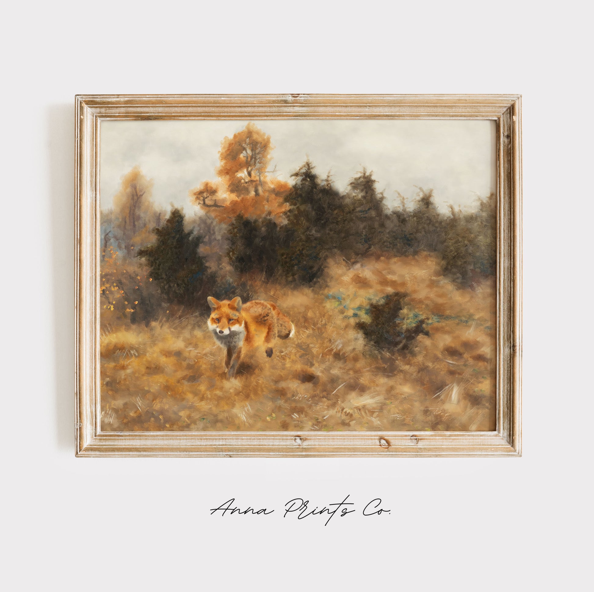 Vintage art print of Fox in Autumn Landscape Painting displayed in wooden frame