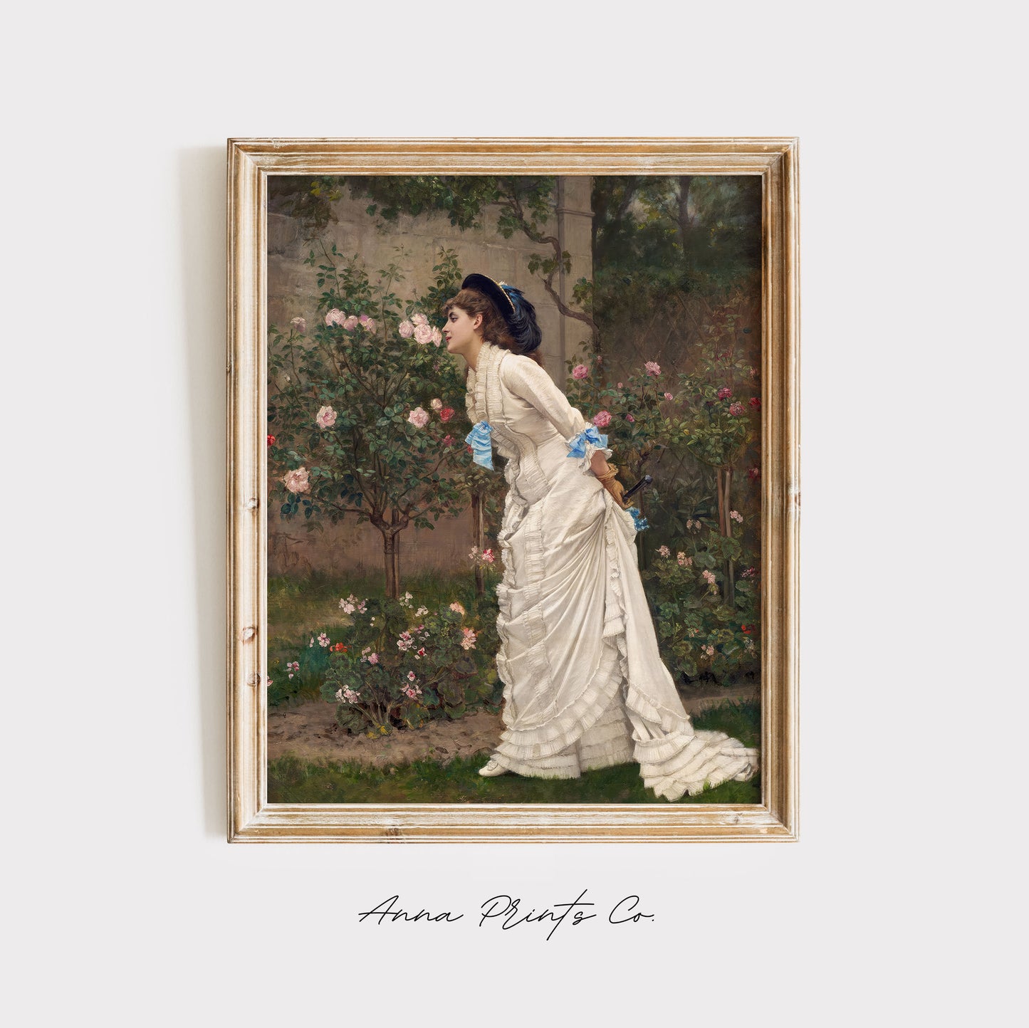 Vintage art print of Woman and Roses Cottage Painting displayed in wooden frame