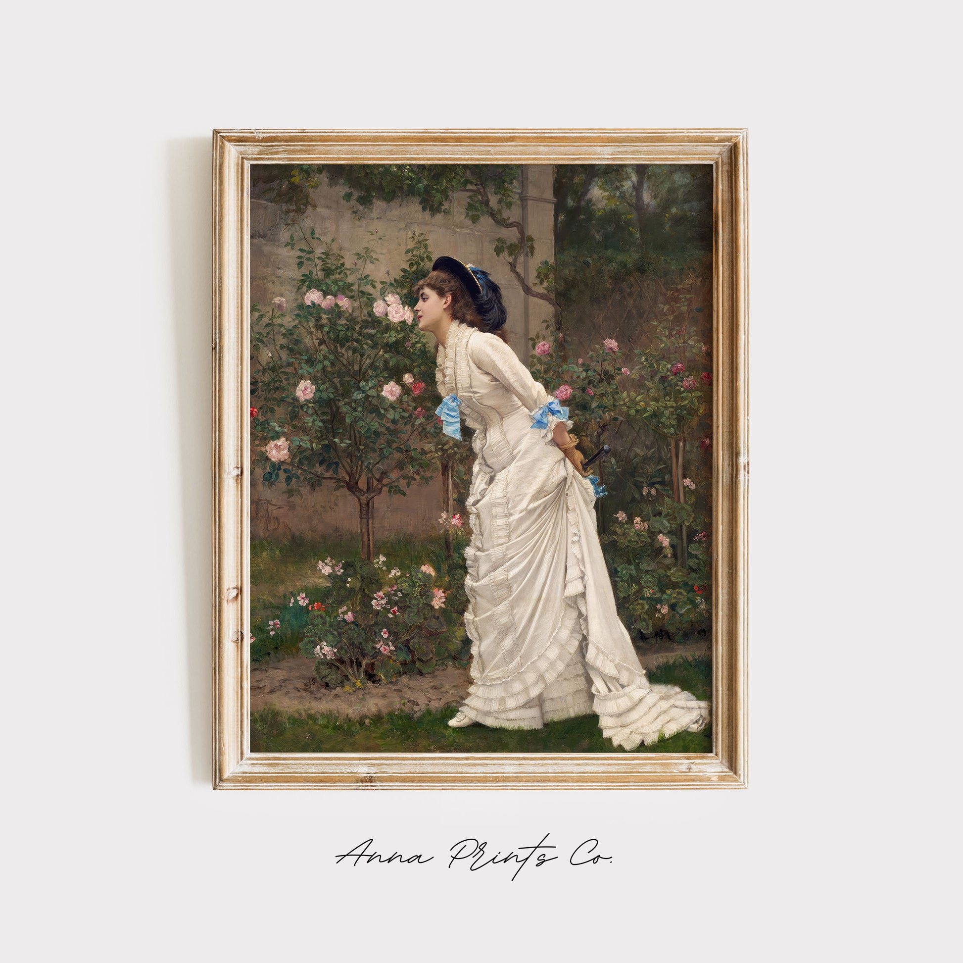 Vintage art print of Woman and Roses Cottage Painting displayed in wooden frame