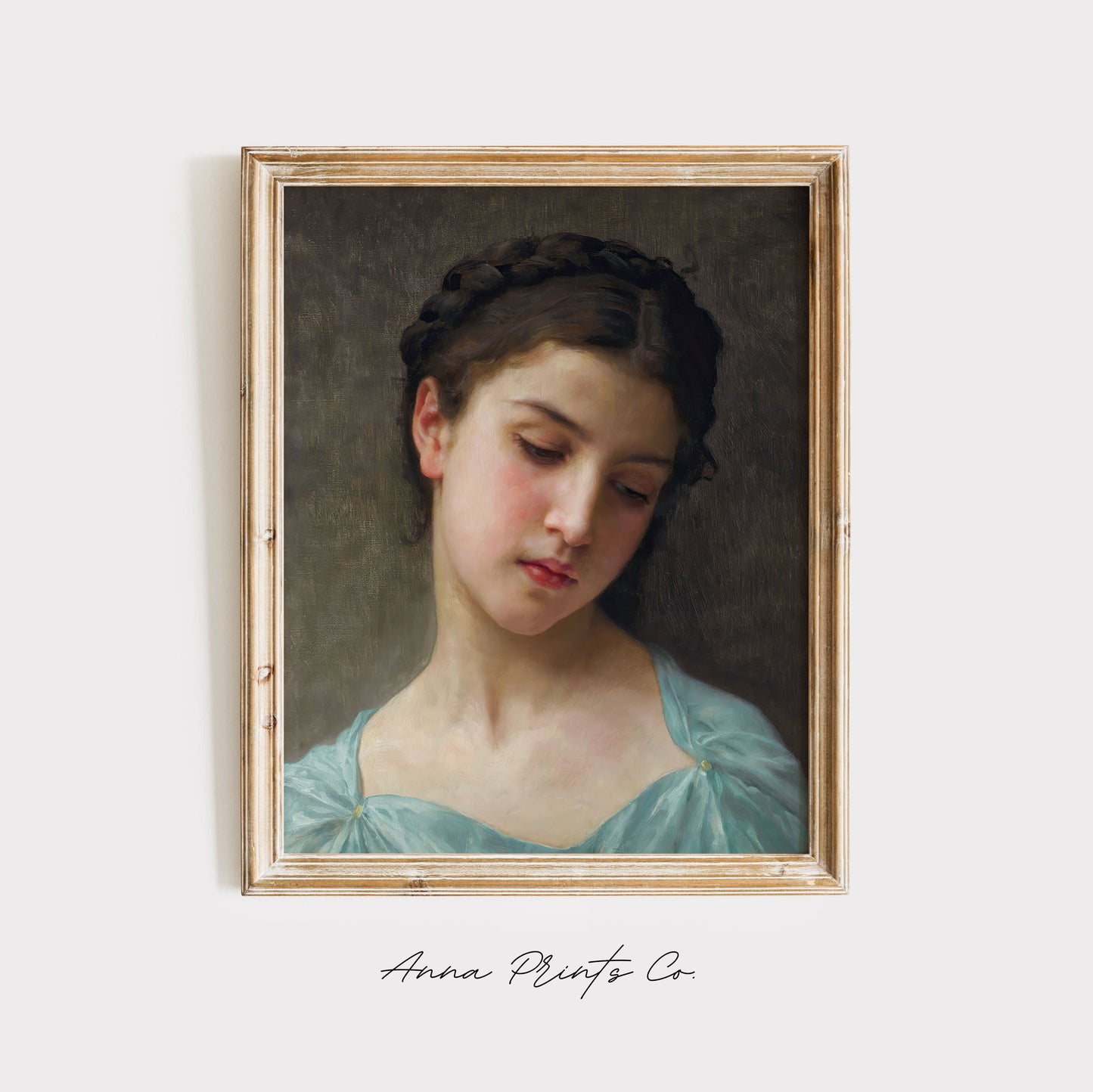 Vintage art print of Portrait of a Young Girl Bouguereau displayed in wooden frame