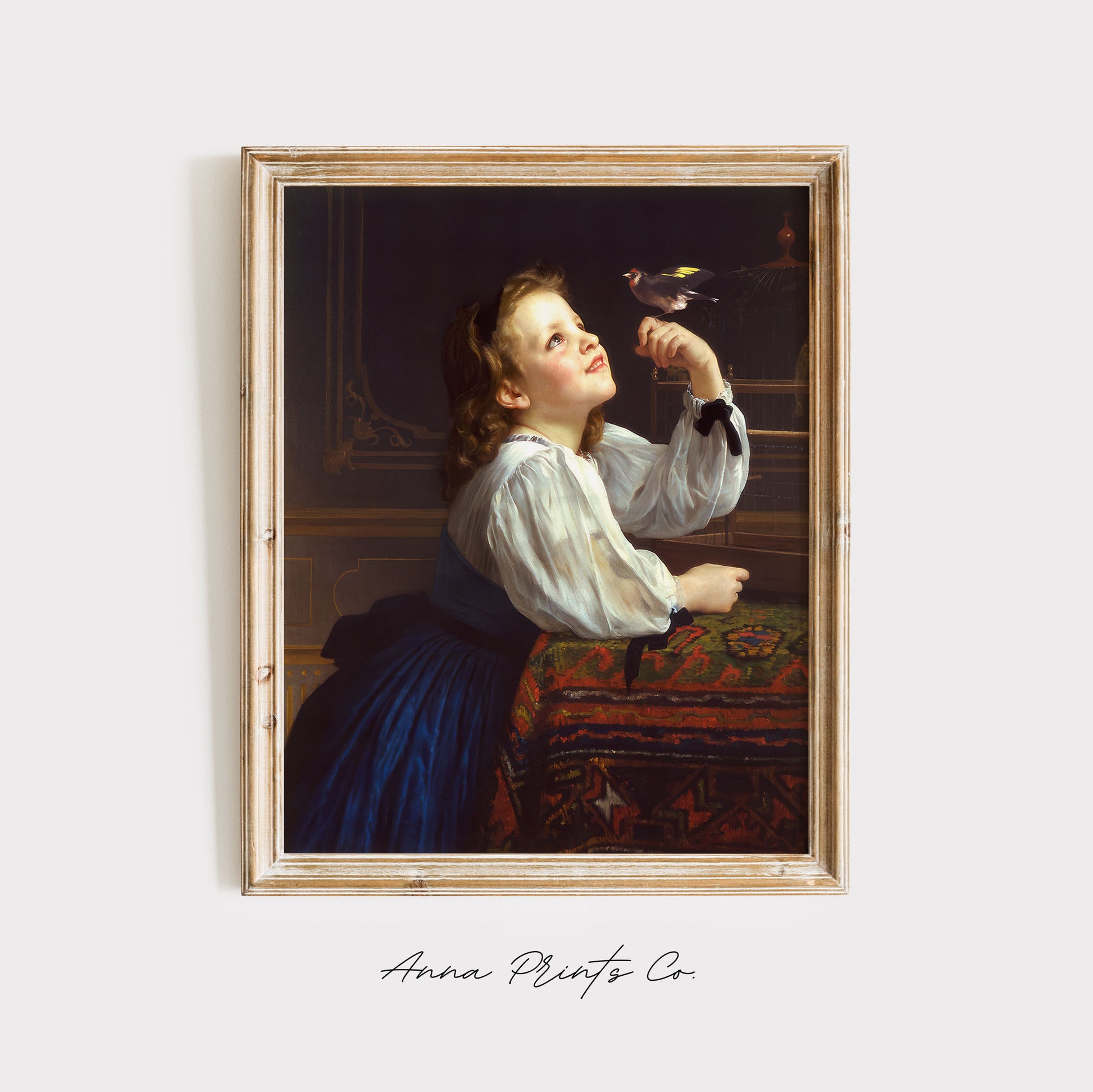 Vintage art print of The Pet Bird by Bouguereau displayed in wooden frame