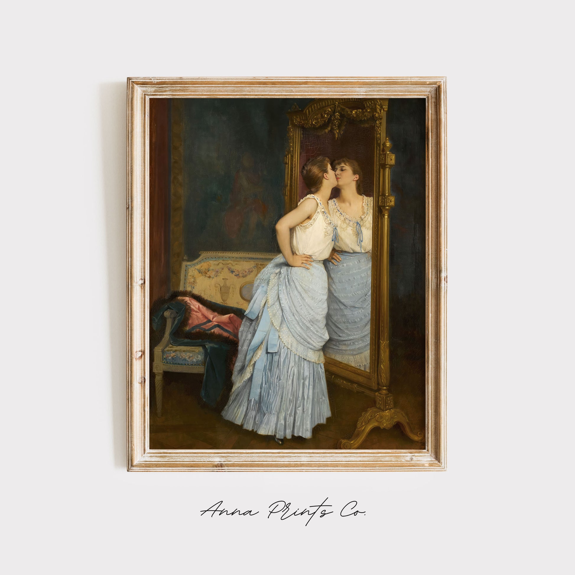 Vintage art print of The Mirror Woman Portrait Painting displayed in wooden frame