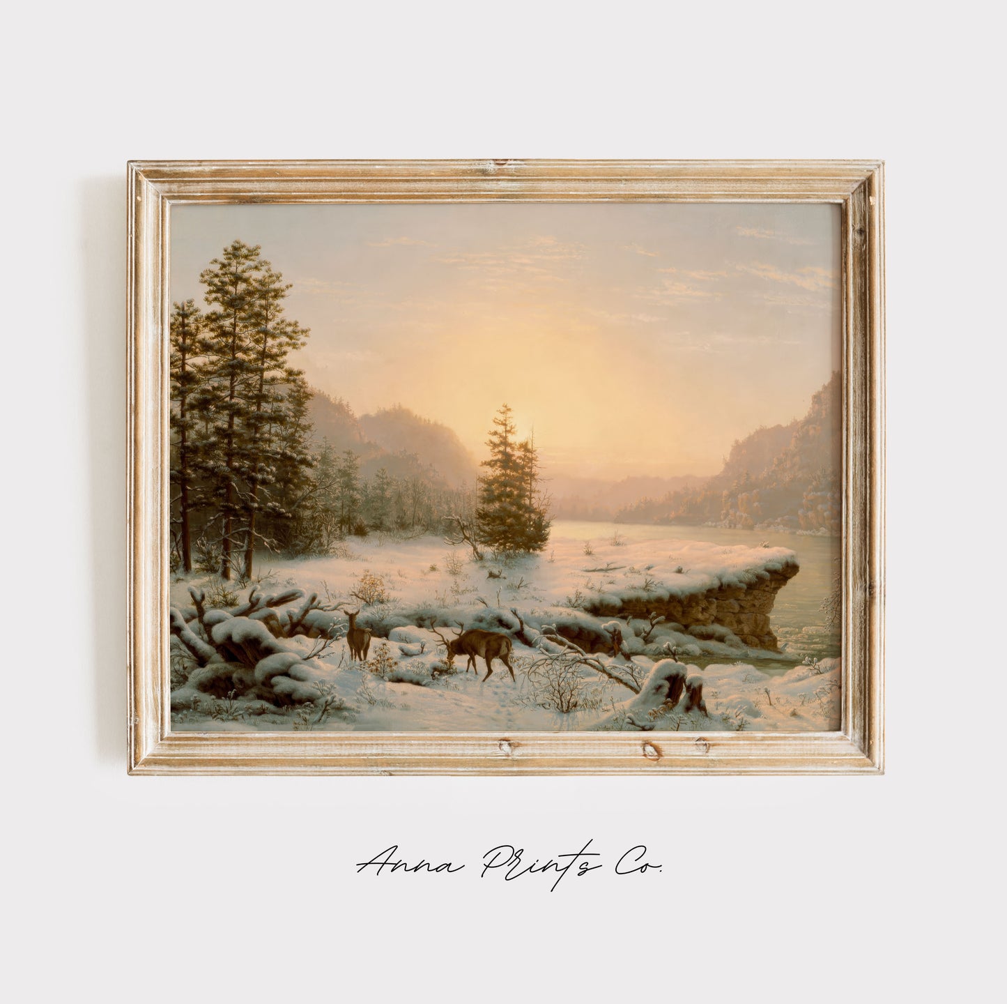 Vintage art print of Winter Landscape Lake Scene displayed in wooden frame