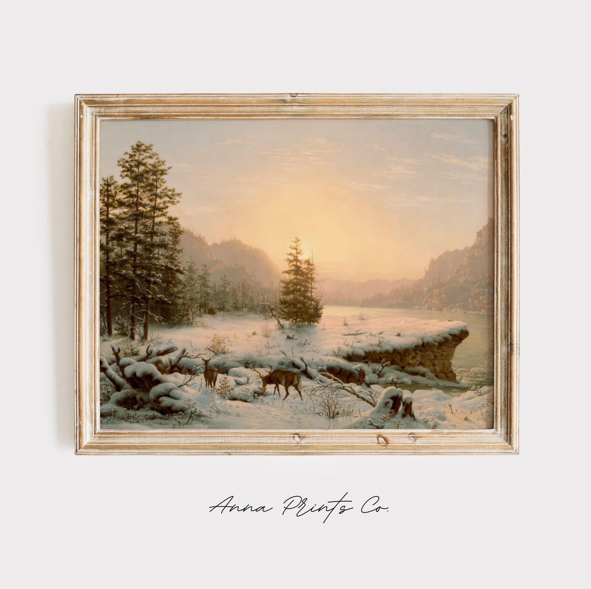 Vintage art print of Winter Landscape Lake Scene displayed in wooden frame