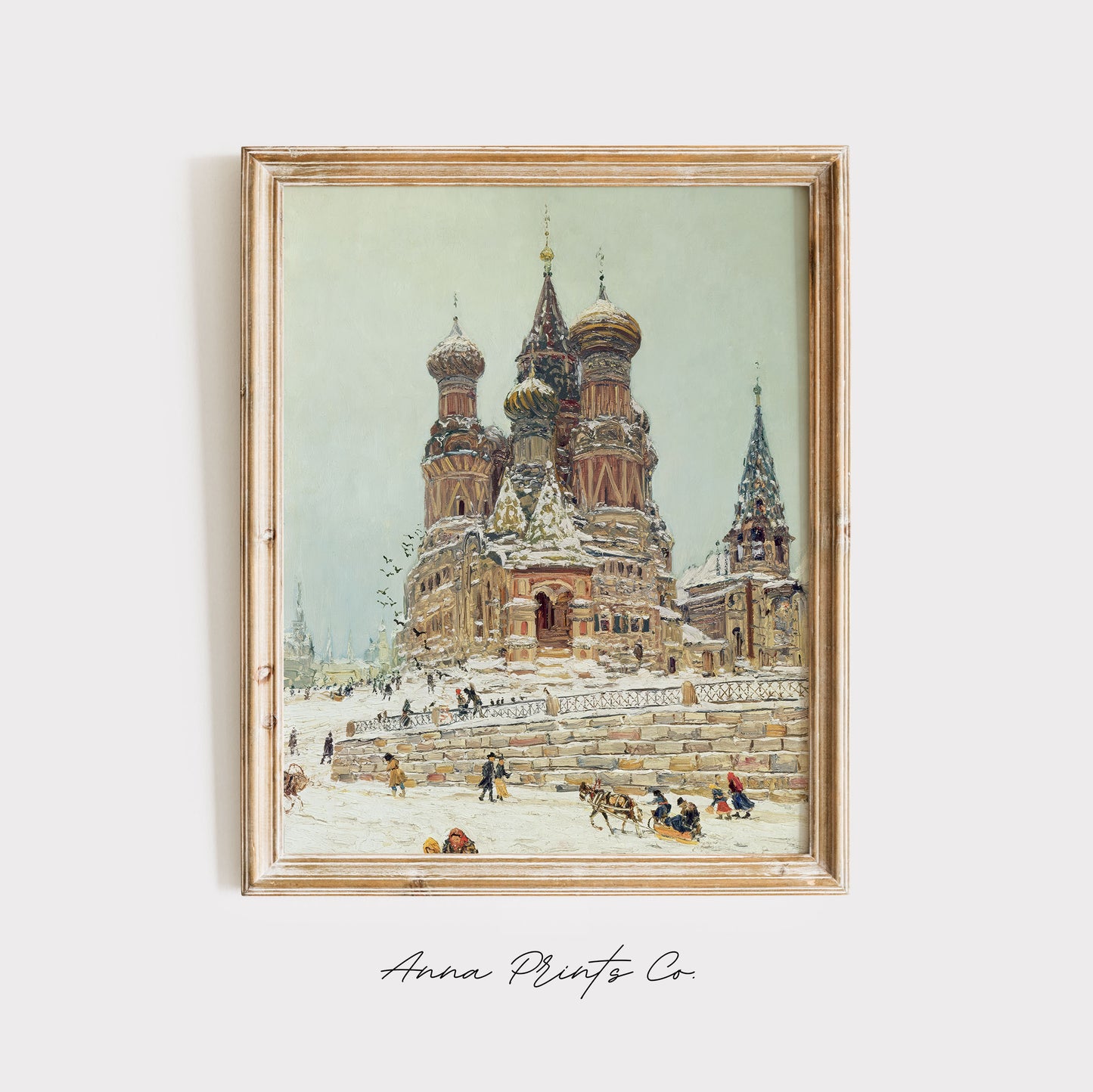 Vintage art print of Church of St. Basil Winter Painting displayed in wooden frame