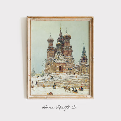Vintage art print of Church of St. Basil Winter Painting displayed in wooden frame