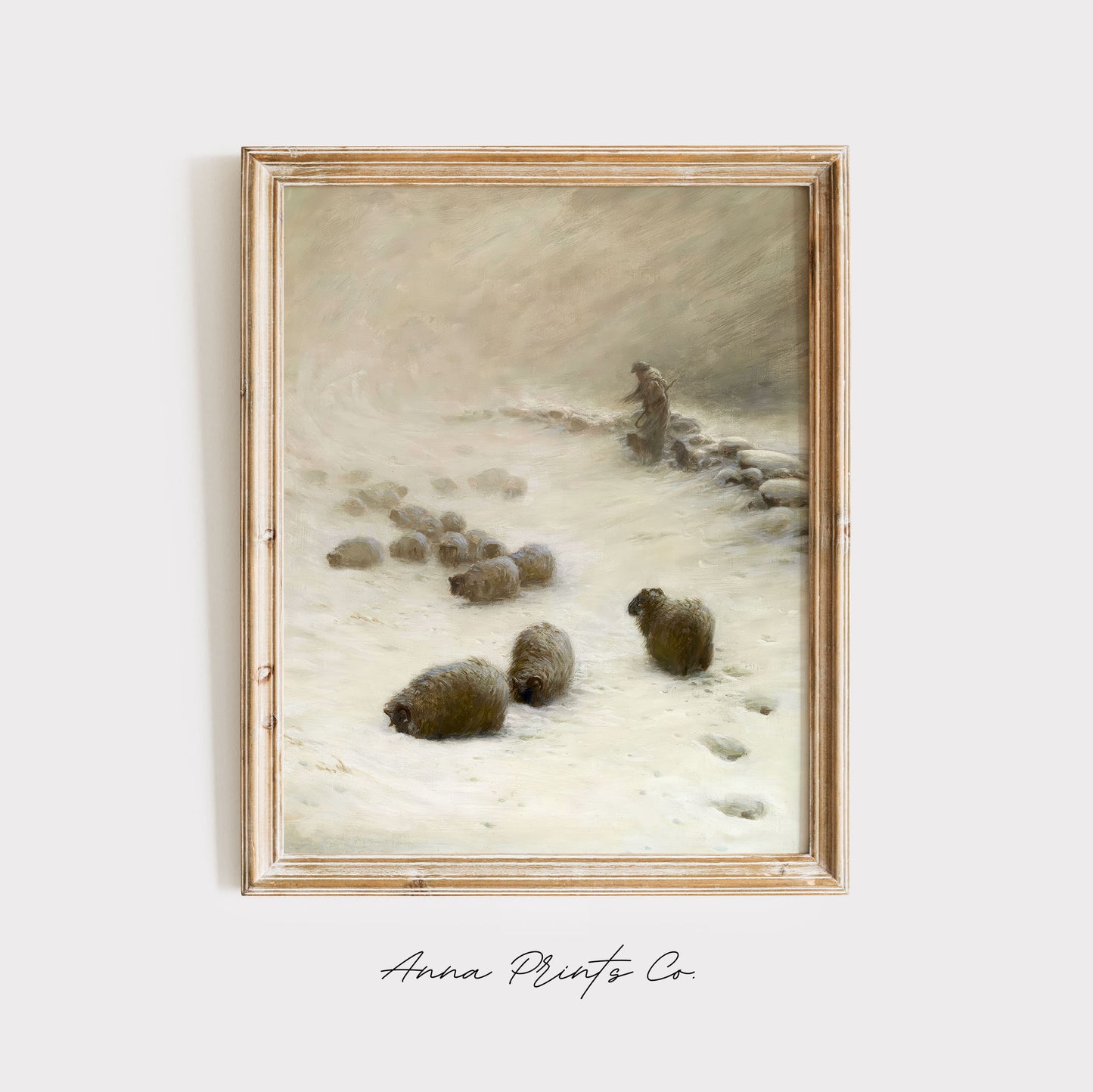 Vintage art print of Sheep in Winter Painting displayed in wooden frame