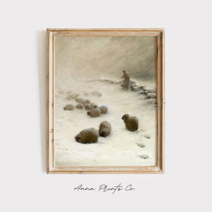 Vintage art print of Sheep in Winter Painting displayed in wooden frame