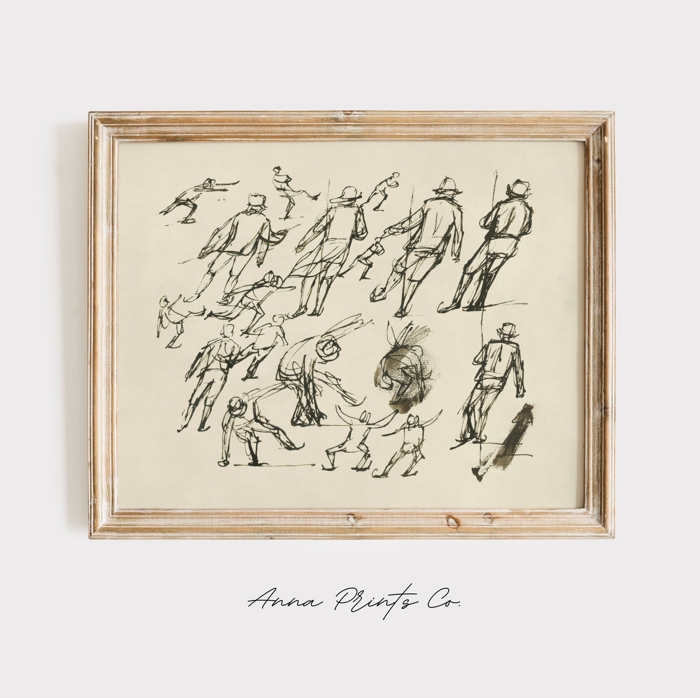 Vintage art print of Winter Ice Skaters Sketch Drawing displayed in wooden frame