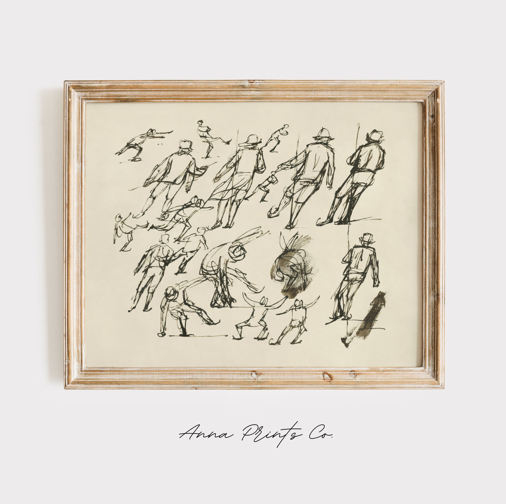 Vintage art print of Winter Ice Skaters Sketch Drawing displayed in wooden frame