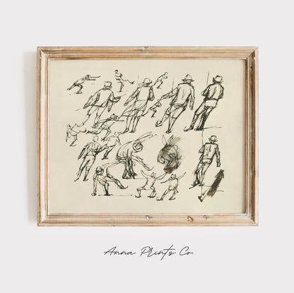 Vintage art print of Winter Ice Skaters Sketch Drawing displayed in wooden frame