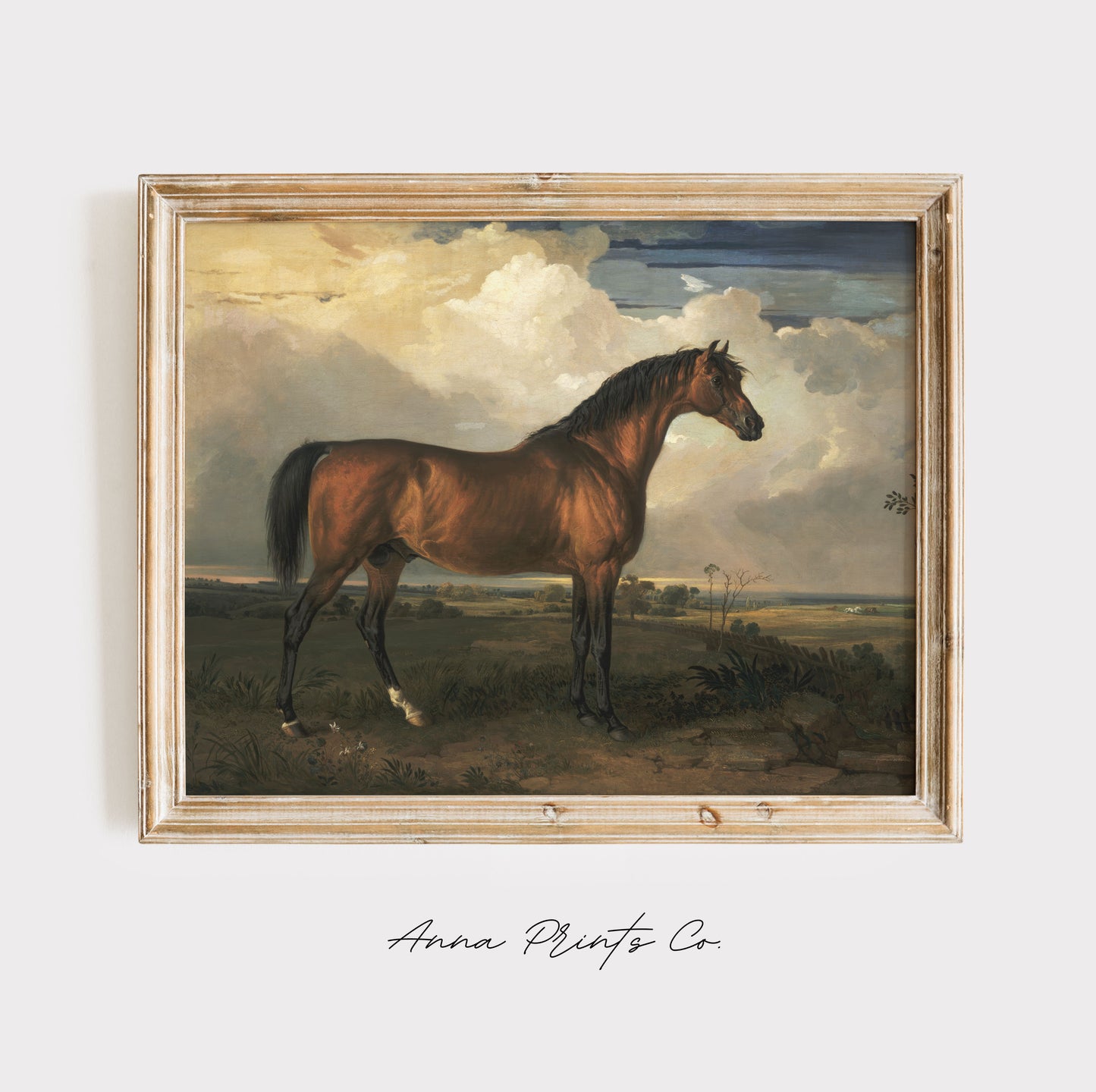Vintage art print of Stallion Horse Landscape Painting displayed in wooden frame