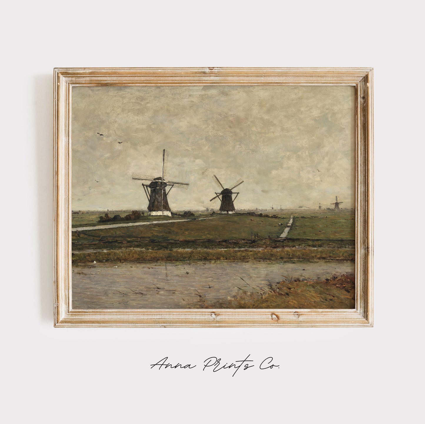 Vintage art print of Landscape near Overschie Windmill displayed in wooden frame