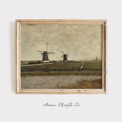 Vintage art print of Landscape near Overschie Windmill displayed in wooden frame
