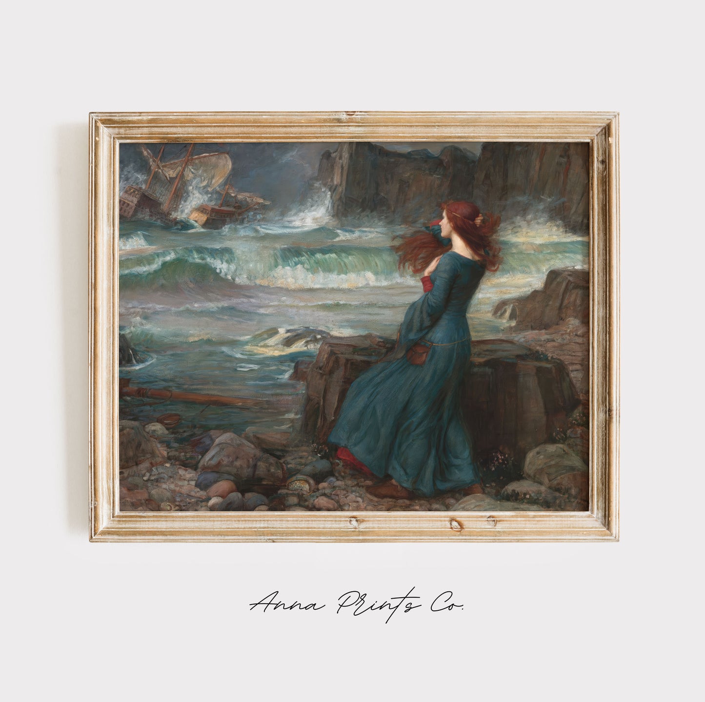 Vintage art print of Miranda- The Tempest by Waterhouse displayed in wooden frame