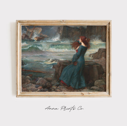 Vintage art print of Miranda- The Tempest by Waterhouse displayed in wooden frame