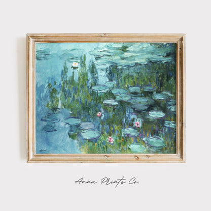 Vintage art print of Water Lilies by Monet, c. 1915) displayed in wooden frame
