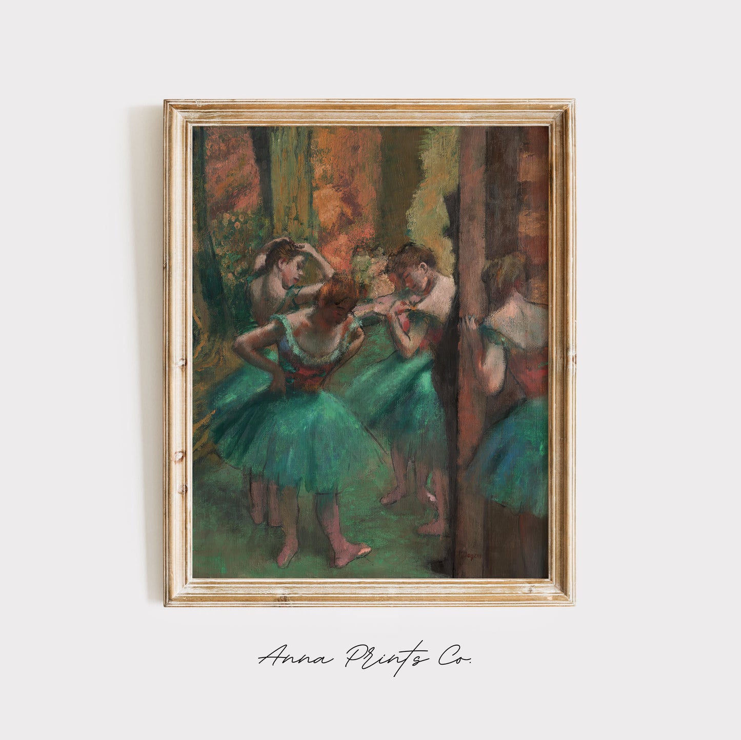 Vintage art print of Dancers, Pink and Green by Degas displayed in wooden frame
