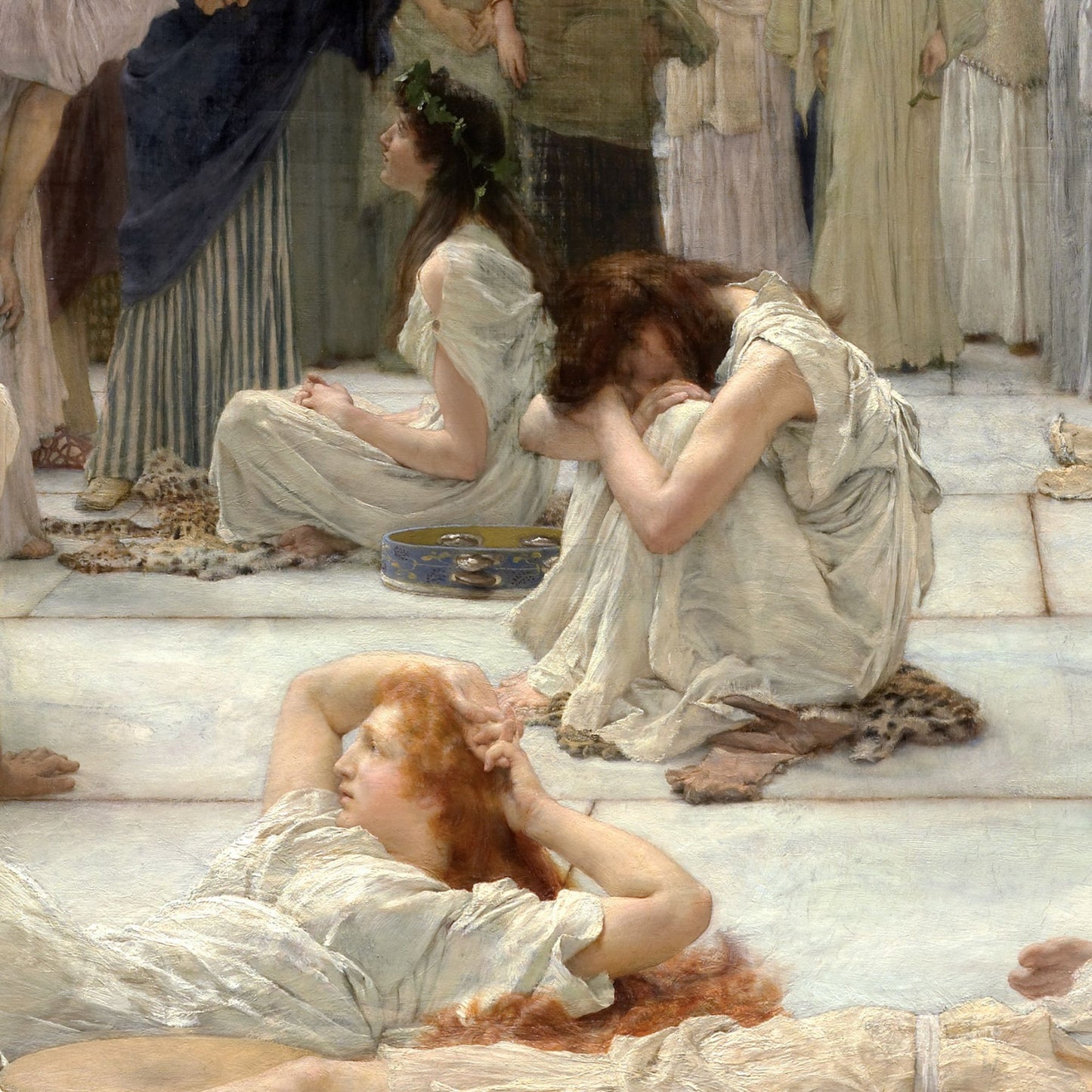 Artistic depiction of women in classical attire sitting on steps with a bowl and draped cloths.