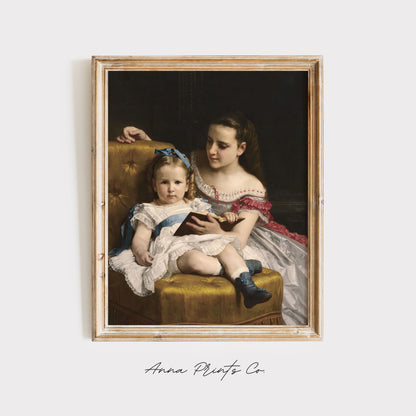Vintage art print of Portrait of Two Girls by Bouguereau displayed in wooden frame