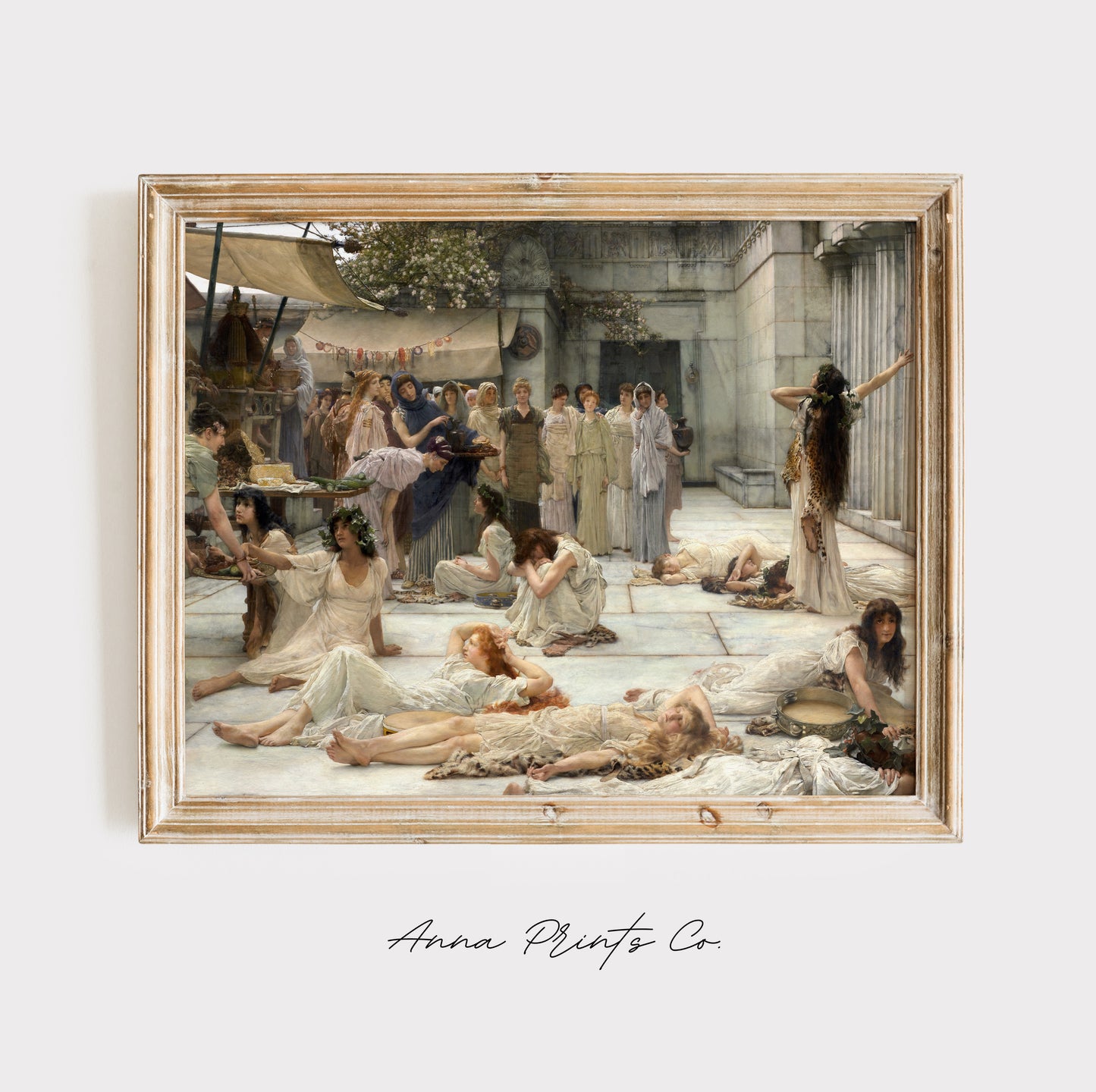 Vintage art print of The Women of Amphissa Painting displayed in wooden frame