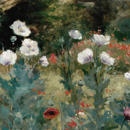 Artistic depiction of flowers with a focus on white and red blossoms.