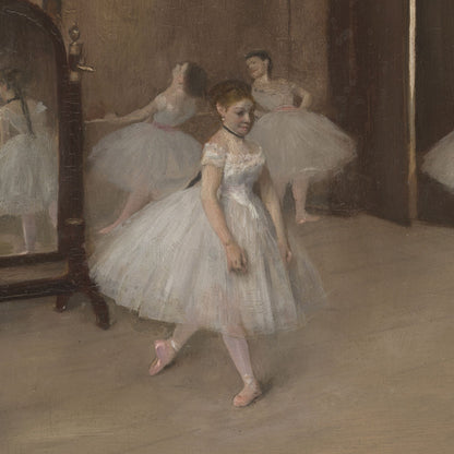 Degas' painting of a ballerina in a tutu practicing in front of a mirror.
