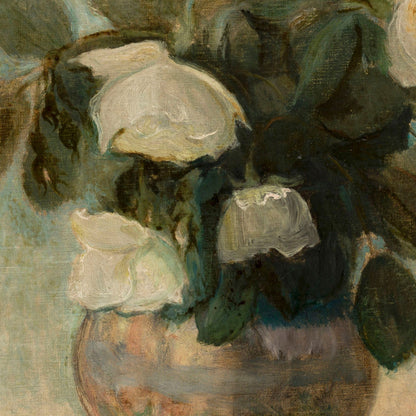 Close-up of a still life painting with white flowers and green leaves.