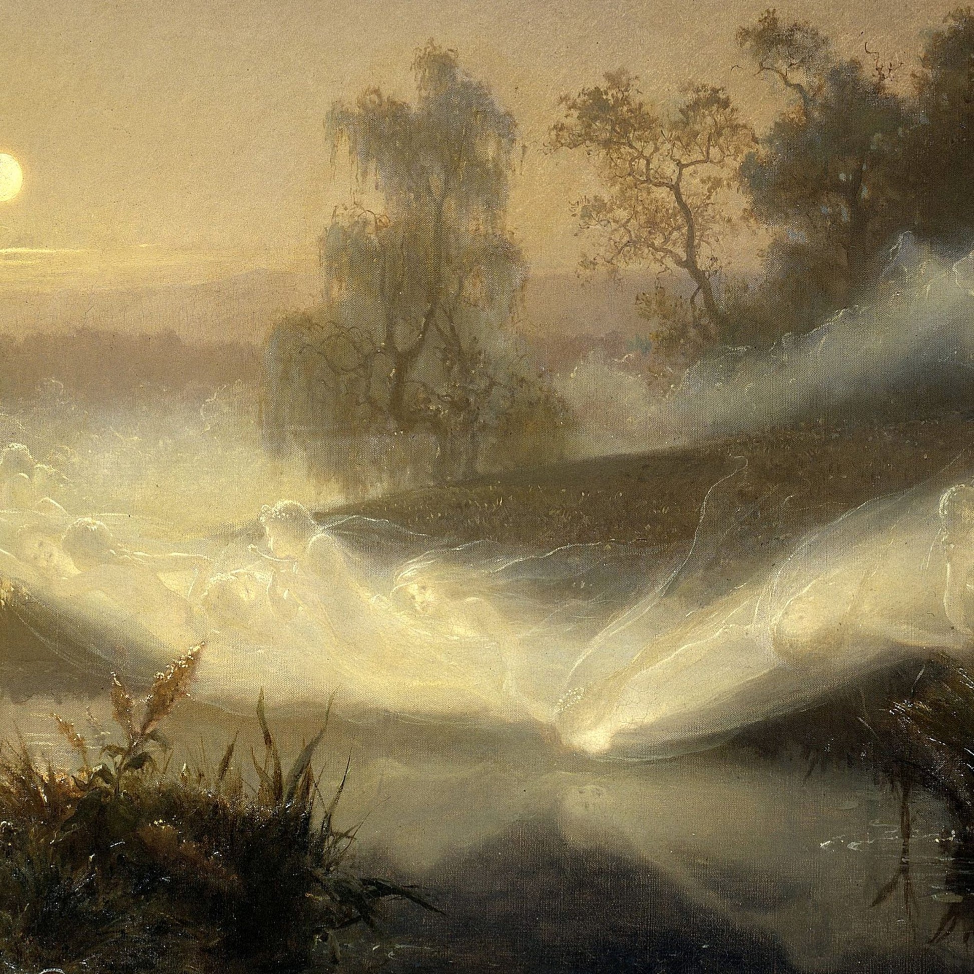 Landscape with trees and a river at sunset, featuring ghostlike apparitions.