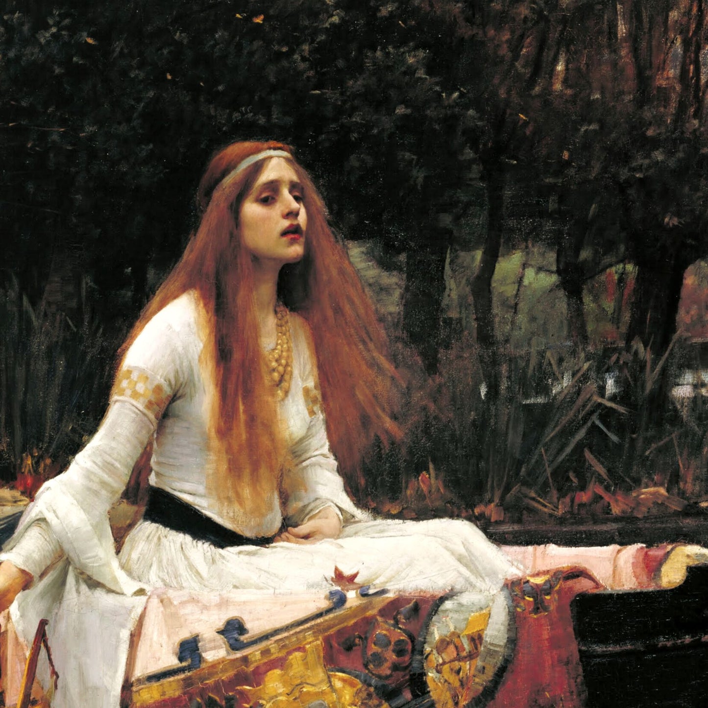 Painting of a woman with long red hair sitting on a boat in a forest.