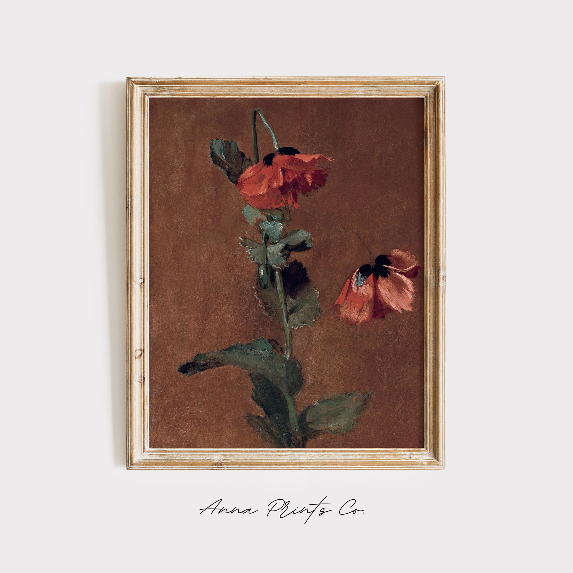 Vintage art print of Study of Poppies Red Flower Painting displayed in wooden frame