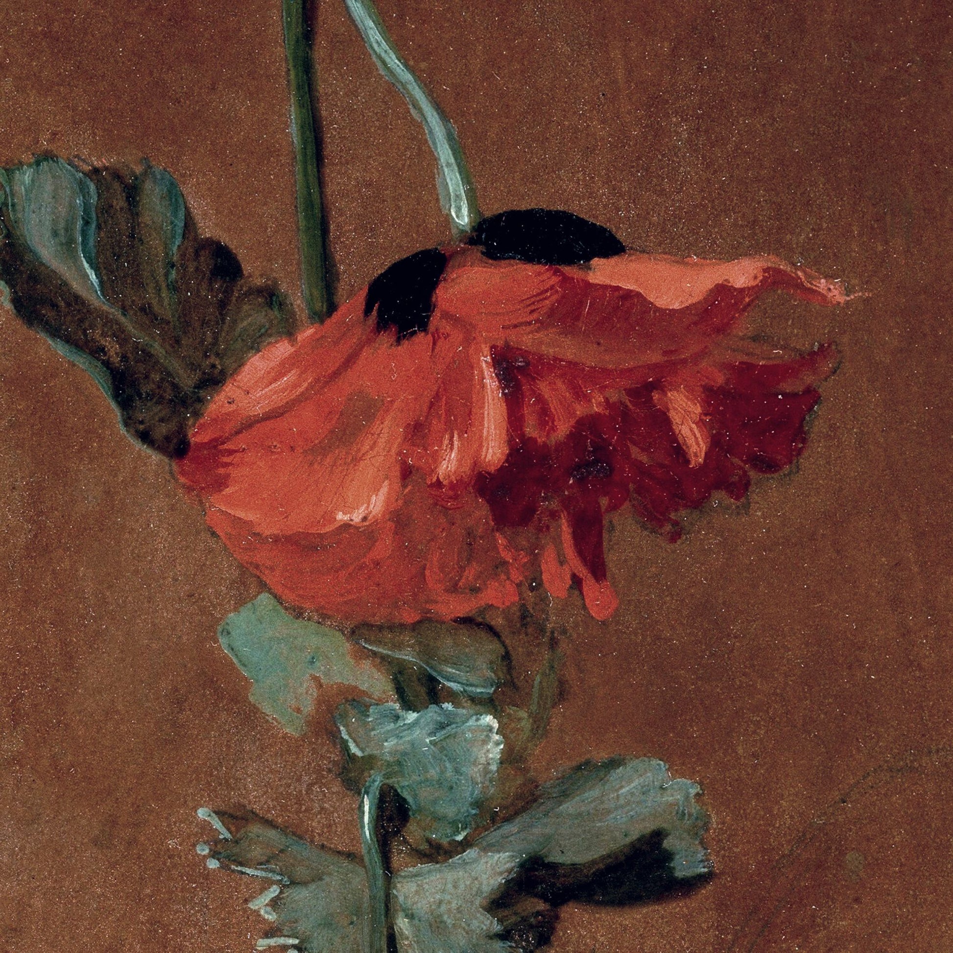 Painting of a red flower with green leaves on a brown background