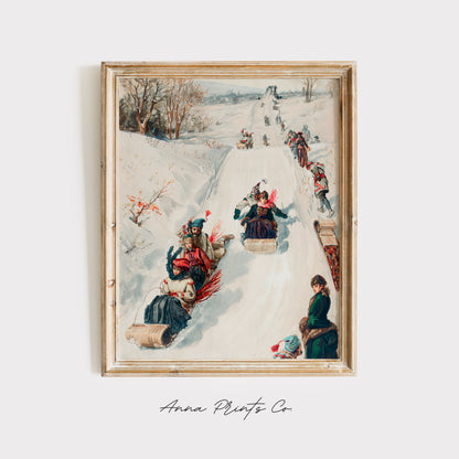 Vintage art print of Tobogganing Winter Sledding displayed in wooden frame
