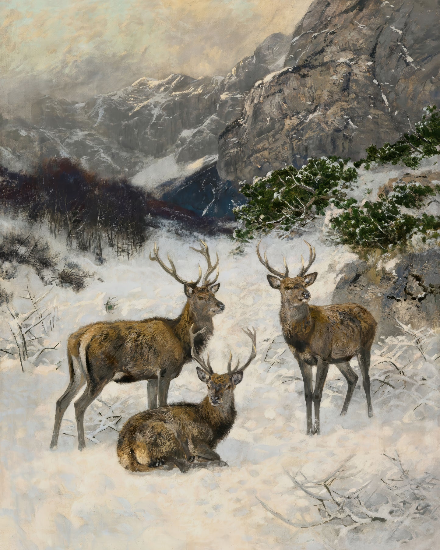 Art print of Herd of Deer in Winter by Josef Schmitzberger, pre 1940