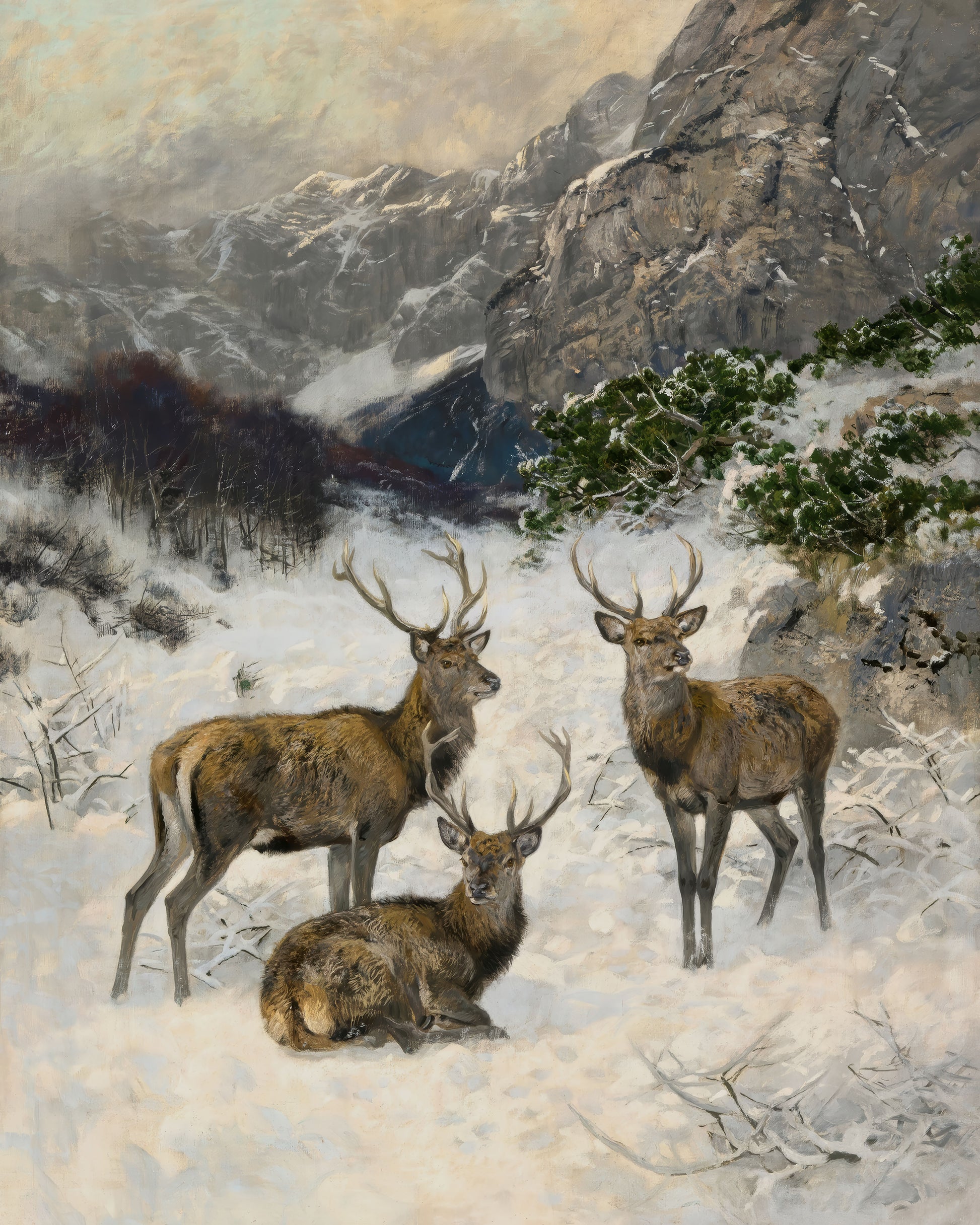 Art print of Herd of Deer in Winter by Josef Schmitzberger, pre 1940
