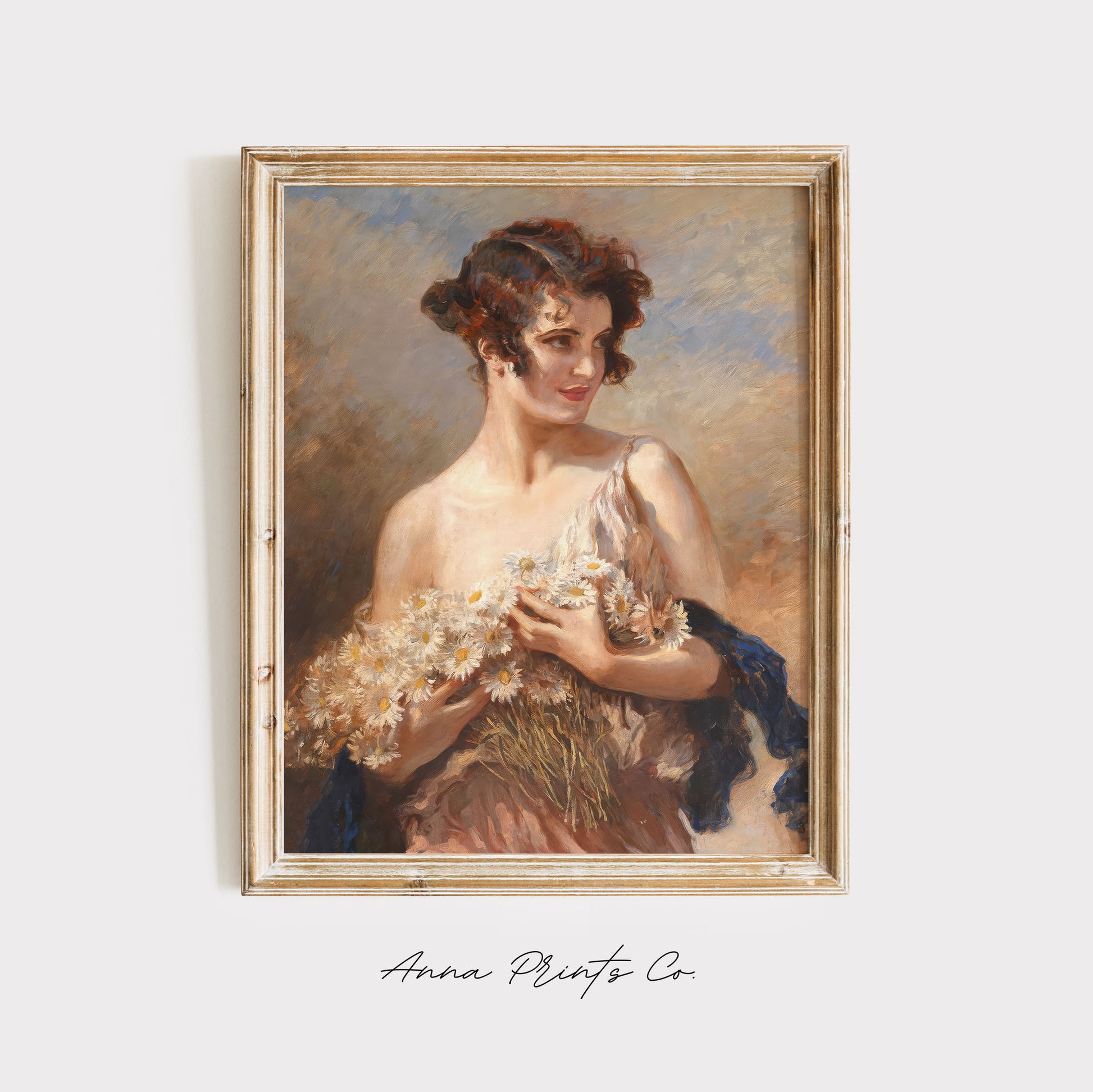 Vintage art print of Lady with Daisies Portrait Painting displayed in wooden frame