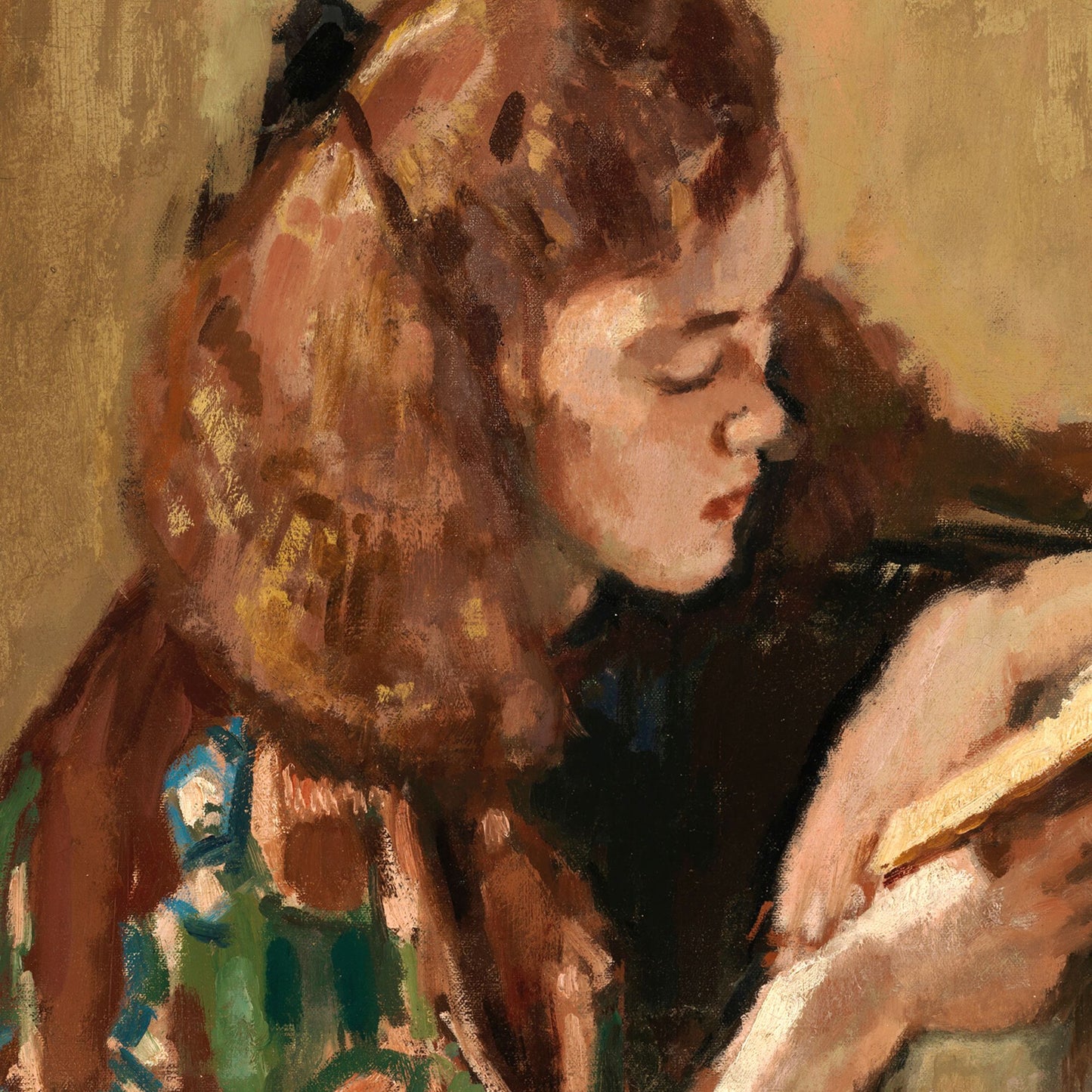 Artistic depiction of a person with long hair, wearing a dark top, sitting on a chair.