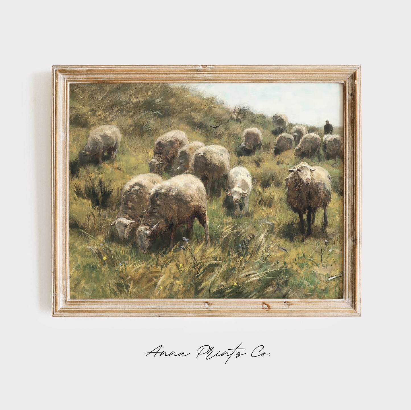 Vintage art print of Sheep in Country Landscape Painting displayed in wooden frame