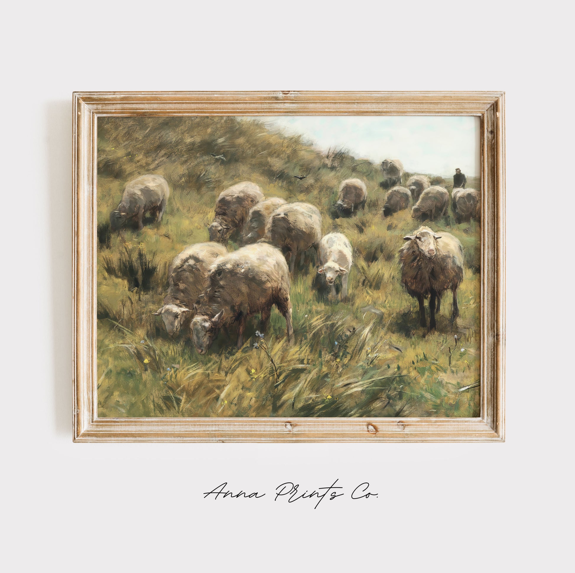 Vintage art print of Sheep in Country Landscape Painting displayed in wooden frame