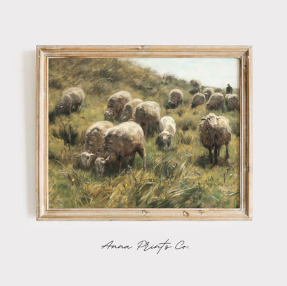 Vintage art print of Sheep in Country Landscape Painting displayed in wooden frame