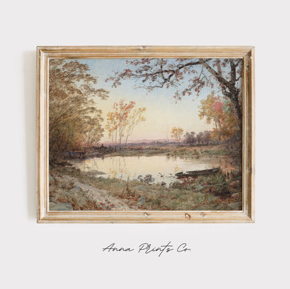 Vintage art print of Autumn Forest Pond Landscape displayed in wooden frame