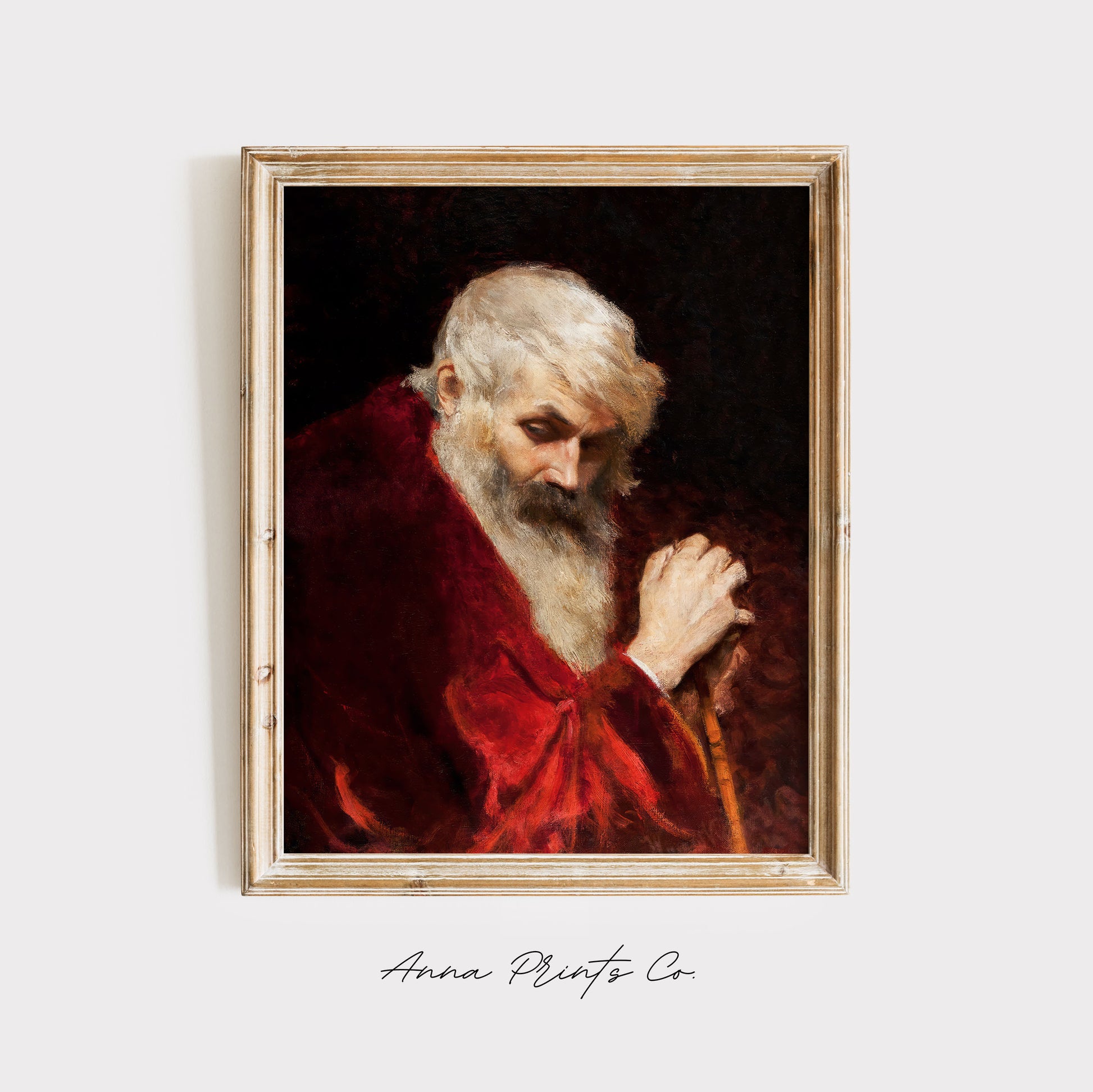 Vintage art print of Bearded Old Man Portrait Painting displayed in wooden frame