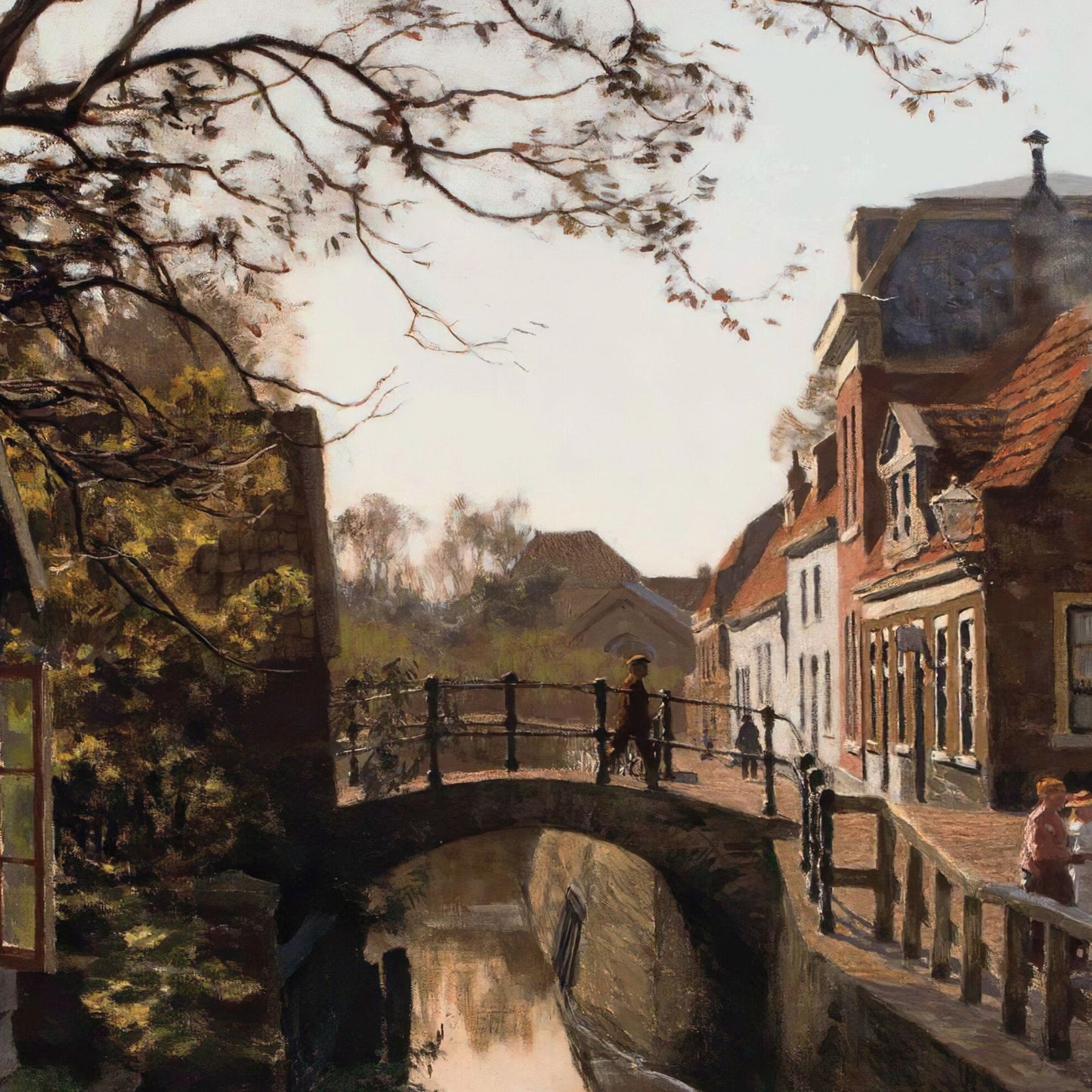 Painting of a canal scene with houses and a bridge
