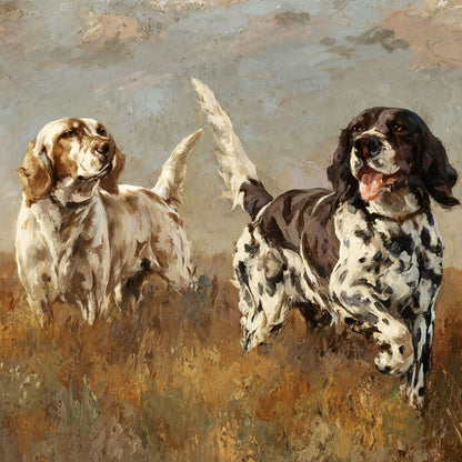 Two dogs, one brown and white and one black and white, standing in a field with a textured brown background.